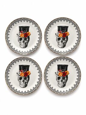 NIB Harvest Green Studio 4pc Halloween Skull Dinner Plates 10" Gold Rim Gothic